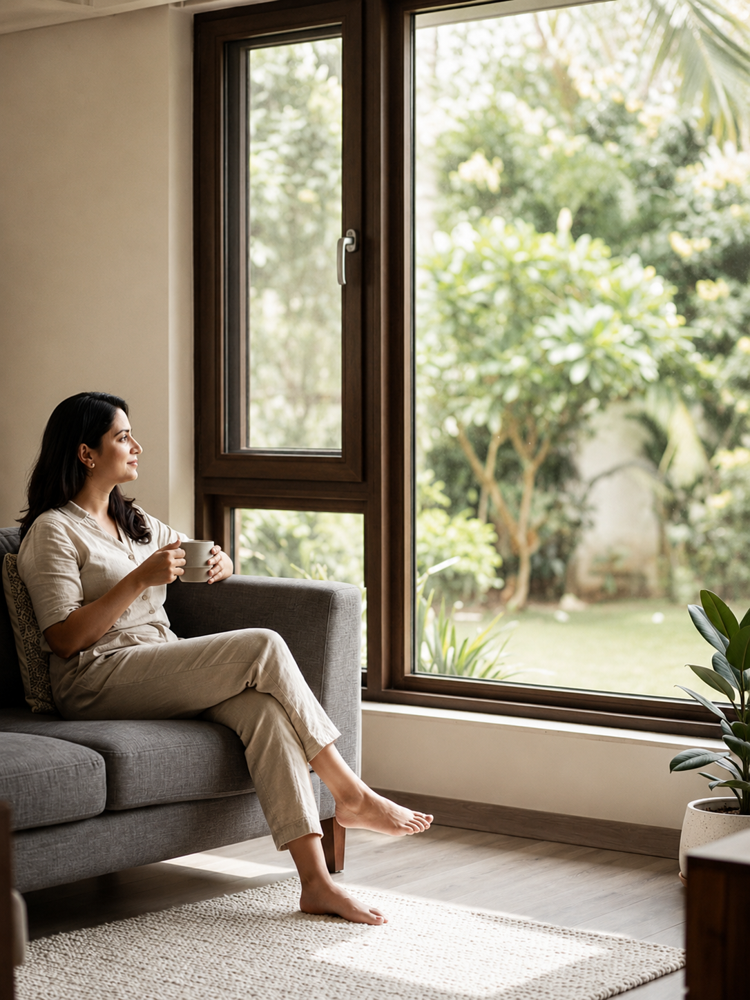Interior shot showing clean minimal SCHON casement windows in a luxury room with refined slim aluminium frames