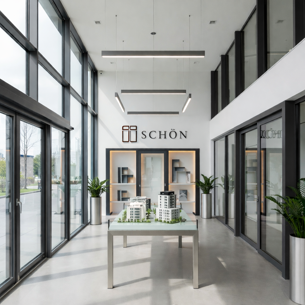 Premium Schön showroom interior with sleek aluminium systems on display — experience centre environment