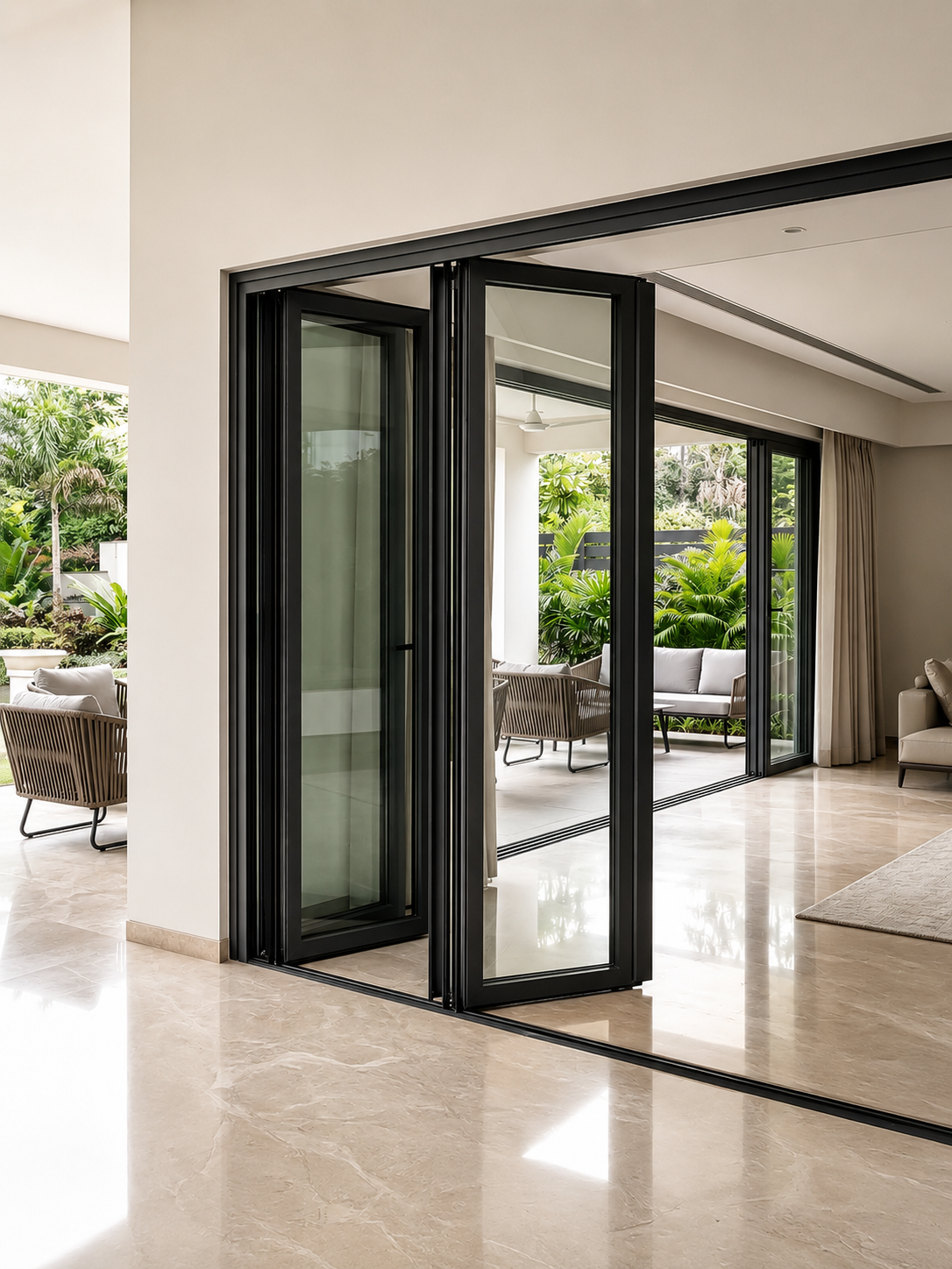SCHON casement window in a luxury room setting — mid-shot showing the refined slim frame and quality glazing in an upscale interior