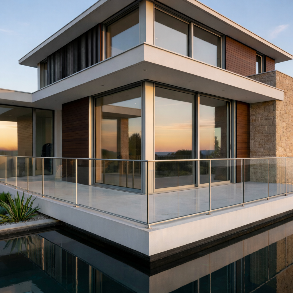 Warm golden-hour exterior of a luxury home seen through large Schön glass panels — aspirational residential living